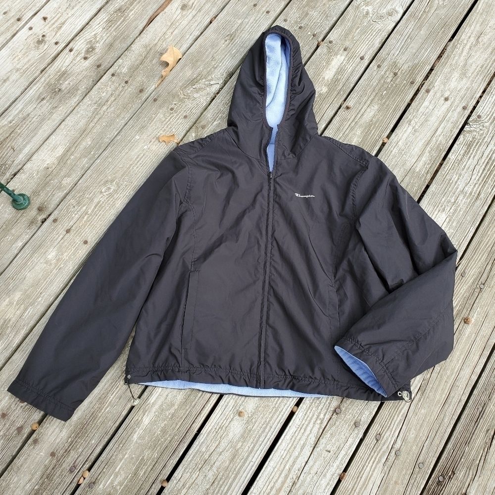 Champion Zip Up Hooded Reversible Jacket Black Windbreaker Blue Fleece Size XL
